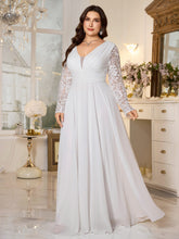 White Lace Long‑Sleeve High‑Waist A‑Line Plus Size Evening Gown