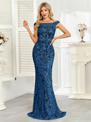 Royal Blue Sequin Off‑Shoulder Mermaid Evening Gown