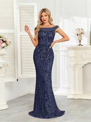Royal Blue Sequin Off‑Shoulder Mermaid Evening Gown