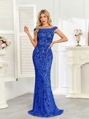 Royal Blue Sequin Off‑Shoulder Mermaid Evening Gown