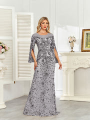 Royal Blue Sequin Split Flare‑Sleeve Mermaid Evening Gown