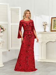 Royal Blue Sequin Split Flare‑Sleeve Mermaid Evening Gown
