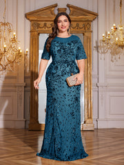 Teal Green Sequin Short Sleeve Mermaid Plus Size Evening Gown