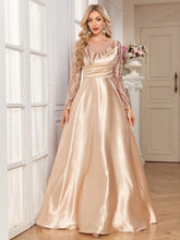 Champagne Gold Sequin Long Sleeve Wrap V Neck A-Line Satin Evening Gown