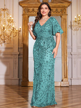 Royal Blue Sequin Flutter Sleeve Mermaid Evening Gown