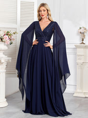 Navy Blue Sequin V‑Neck Cape Sleeve A‑Line Chiffon Evening Gown