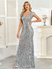 Silver Grey Sequin Cap‑Sleeve Mermaid Evening Gown