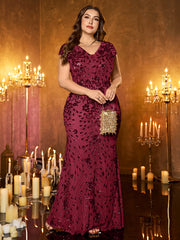 Champagne Gold Floral Sequin Sleeveless V‑Neck Plus‑Size Mermaid Evening Gown