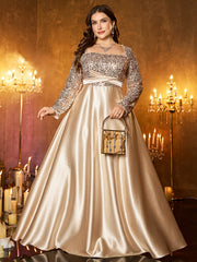Champagne Silver Beaded High‑Waist A‑Line Plus Size Evening Gown