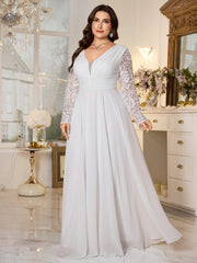 White Lace Long‑Sleeve High‑Waist A‑Line Plus‑Size Evening Gown