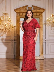 Royal Blue Sequin Flutter Sleeve Mermaid Evening Gown