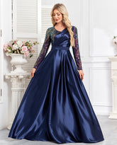 Navy Blue Embroidered Long Sleeve A-Line Satin Plus Size Evening Gown