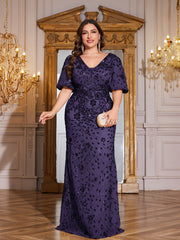 Navy Blue Sequin Puff Short Sleeve Mermaid Plus Size Evening Gown
