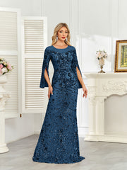 Royal Blue Sequin Split Flare‑Sleeve Mermaid Evening Gown