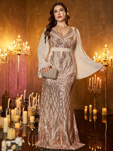 Rose‑Gold Sequin V‑Neck Contrast Chiffon Flare Long‑Sleeve Plus‑Size Mermaid Evening Gown