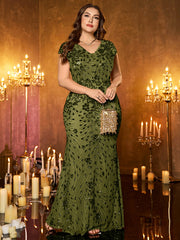 Champagne Gold Floral Sequin Sleeveless V‑Neck Plus‑Size Mermaid Evening Gown