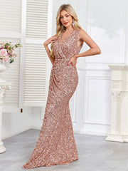 Rose Gold Sequin Surplice V‑Neck Sleeveless High Slit Evening Gown