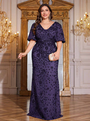 Navy Blue Sequin Puff Short Sleeve Mermaid Plus Size Evening Gown