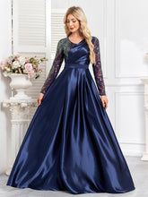 Navy Blue Embroidered Long Sleeve A-Line Satin Plus Size Evening Gown