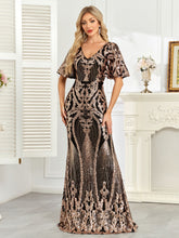 Black Rose Gold Sequin Flutter Sleeve Mermaid Evening Gown
