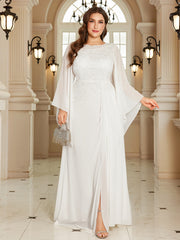 White Lace Cape‑Sleeve High‑Waist Slit A‑Line Maxi Gown
