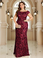 Navy Blue Floral Sequin Off‑Shoulder Sheath Maxi Gown