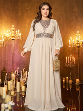 Off‑White Sheer Chiffon Lantern Sleeve Silver Beaded Waist Plus‑Size A‑Line Formal Dress
