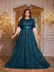 Rose Gold Sequin Flutter Sleeve Empire Waist A‑Line Plus Size Evening Gown