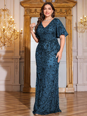 Royal Blue Sequin Flutter Sleeve Mermaid Evening Gown
