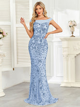 Royal Blue Sequin Off‑Shoulder Mermaid Evening Gown