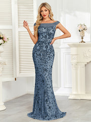 Royal Blue Sequin Off‑Shoulder Mermaid Evening Gown