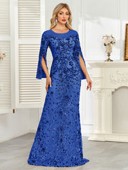 Royal Blue Sequin Split Flare‑Sleeve Mermaid Evening Gown