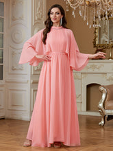 Peach Pink Rhinestone High Neck Cape Sleeve A‑Line Gown