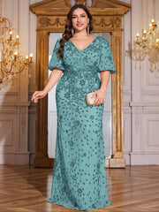 Navy Blue Sequin Puff Short Sleeve Mermaid Plus Size Evening Gown