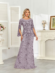 Royal Blue Sequin Split Flare‑Sleeve Mermaid Evening Gown