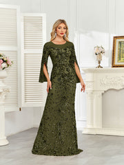 Royal Blue Sequin Split Flare‑Sleeve Mermaid Evening Gown