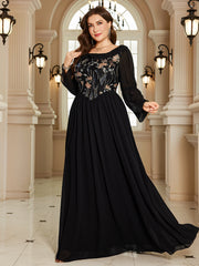 Black Floral Embroidery High Waist Plus Size Maxi Evening Dress