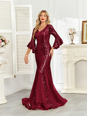 Champagne Gold Sequin Bell Sleeve Mermaid Evening Gown