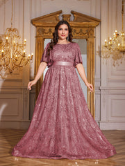 Rose Gold Sequin Flutter Sleeve Empire Waist A‑Line Plus Size Evening Gown