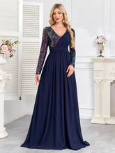 Navy Blue Multicolor Sequin Long Sleeve A‑Line Evening Gown