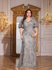 Rose Gold Sequin Ruffle Sleeve Mermaid Evening Gown