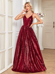 Burgundy Sequin Deep V A‑Line Maxi Dress, Sparkly Formal Evening Gown