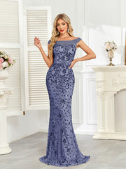 Royal Blue Sequin Off‑Shoulder Mermaid Evening Gown