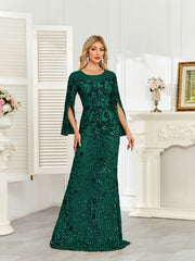 Royal Blue Sequin Split Flare‑Sleeve Mermaid Evening Gown