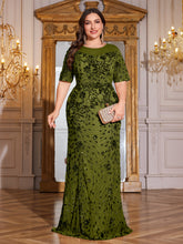 Teal Green Sequin Short Sleeve Mermaid Plus Size Evening Gown