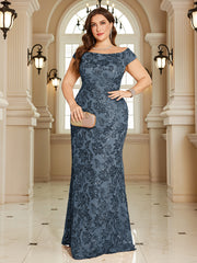 Navy Blue Floral Sequin Off‑Shoulder Sheath Maxi Gown