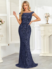 Royal Blue Sequin Off‑Shoulder Mermaid Evening Gown