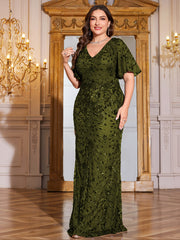 Royal Blue Sequin Flutter Sleeve Mermaid Evening Gown