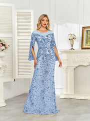 Royal Blue Sequin Split Flare‑Sleeve Mermaid Evening Gown