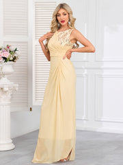 Champagne Gold Ruched Sequin Maxi Evening Gown
